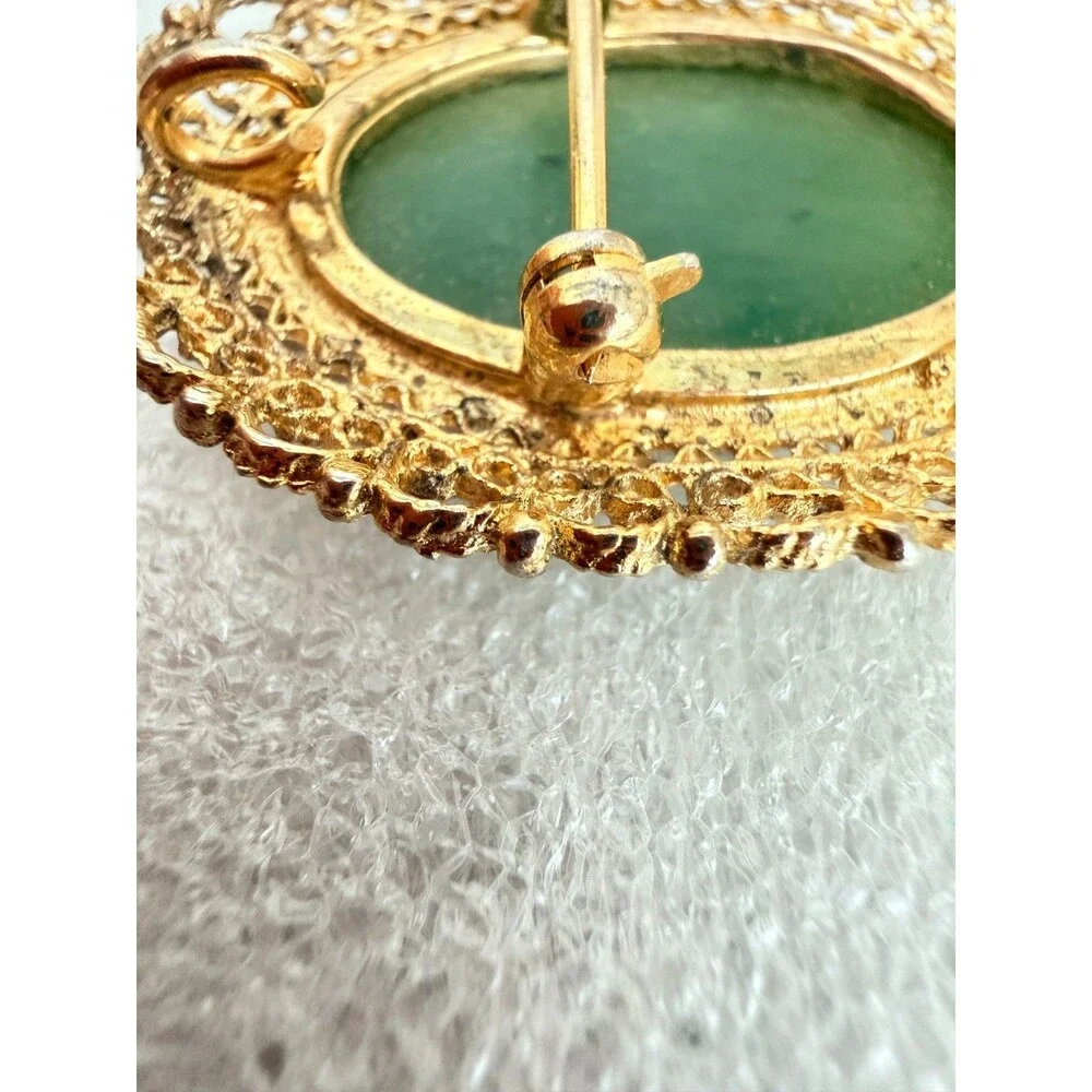 Vintage 1960s Karen Lynne Sterling Silver Gold Vermeil Green Jade Filigree Brooc
